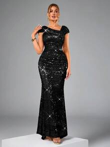 CHOSMO New Sequin Wedding Dress, Fitted High Waist Formal Gown, Elegant Backless Slit Dress Black Spring Party - Black - View 3
