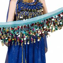Saia de Dança do Ventre Feminina com Lantejoulas, Moedas e Franjas, Lenço Brilhante para Quadril Envolvente, Fantasia de Apresentação para Dança do Ventre, Festa, Apresentação no Palco