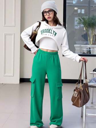 3 st set med huvtröja med bokstavstryck + enfärgat linne + vardagsbyxor för flickor, höst/vinter