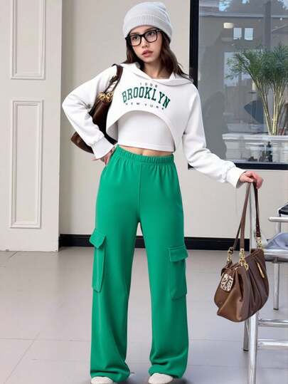 Conjunto de 3 peças de jaqueta com capuz e estampa de letras para meninas + camisola de cor sólida + calça casual, outono/inverno