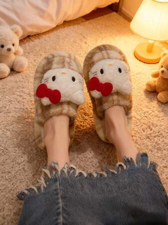 Sanrio 2025冬季新款卡通猫咪格子毛绒拖鞋，女士防滑透气室内外皆宜