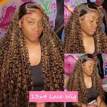 250% Density 34Inch 13x4 Honey Blonde Deep Wave Lace Front Wigs Human Hair 13x4 Highlight Ombre Curly Lace Front Wig Human Hair 5x5 Put On And Go Gluless  Water Wave Lace Closure Wigs No Glue No Need 3S To Wear Wig For Women - S4/27 - Xem 7