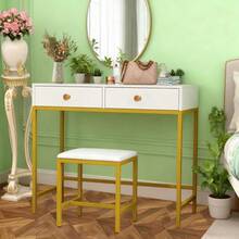 NEW Dressing Table Stool Set Modern 2 Drawer Computer Desk Makeup Vanity Bedroom - White - View 2