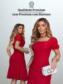 Women's Modern Casual Elegant Midi Lace Dress With Spandex, Comfortable, And Ruffled Hem. - 紅色 - 查看 8