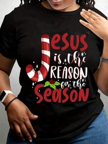 Jesus Is The Reason For The Season Christmas T-Shirt Candy Cane Design Holiday Christian Shirt Women Plus Size Xmas Top - 黑色 - 查看 1