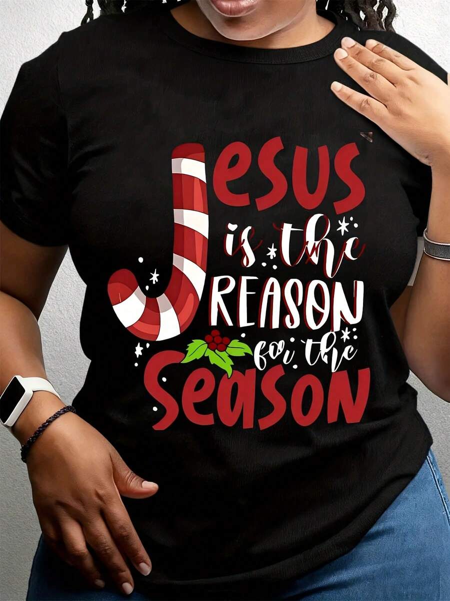 Jesus Is The Reason For The Season Christmas T-Shirt Candy Cane Design Holiday Christian Shirt Women Plus Size Xmas Top - 黑色 - 查看 1