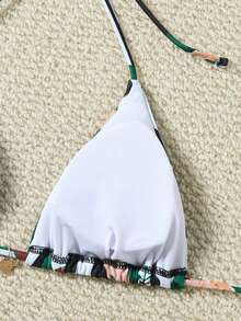 Women's Bohemian Style Spaghetti Strap Striped Print Bikini Set, Side Tie Bottom And Criss-Cross Back Design, Suitable For Summer Wear - Black and White - View 7