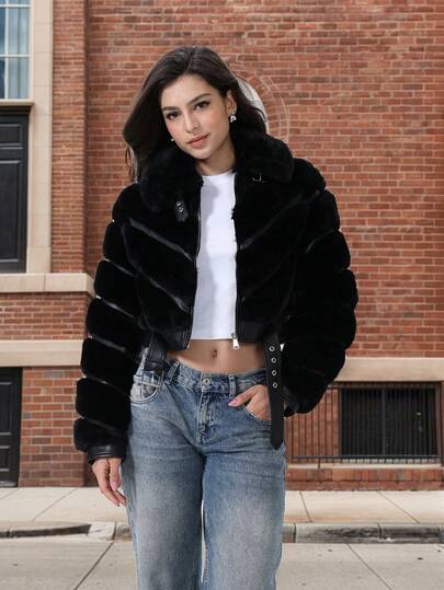 Women's Fashion Faux Fur Patchwork PU Leather Belted Comfortable Turndown Collar Short Windbreaker, Casual Jacket, Luxurious Comfort And Design