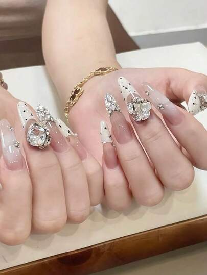 24 قطعة من أطراف الأظافر الطويلة المزينة بالراين الفرنسي اليدوي، فراشة أورورا، أحمر خدود طازج، فيونكة صبغة ربطة عقدة الفراشة لأظافر اللوز + 1 قطعة جيلي جل + 1 قطعة كتلة تنعيم الأظافر