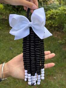 1PC Ponytail Extensions, Band Braids With Beads, Sweet Hair Extension For , Springy Twist Ponytails With Hair Bows - Black - View 5