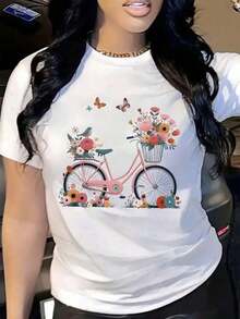 Women's Round Neck Short Sleeve T-Shirt With Floral Bicycle Print (Includes Cotton) - 黑色 - 查看 4