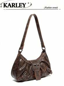 1pc Vintage Distressed Leather Motorcycle Bag, Decorated With Rivets And Buckles, Soft Touch, Folding Details, Cloud Shape, Suitable For Shoulder Or Crossbody Wear, Suitable For Work, Commute, Date And Party Occasions - Brown - View 5