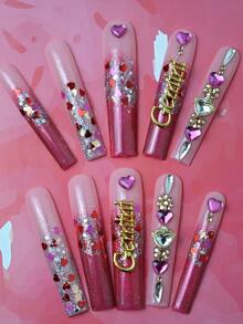 Handmade Long Square Press-On Nails, 3D Heart Rhinestone, Zodiac "Gemini" Accent Embellished, Pink Glitter Gradient Design, Luxury Y2K Astrology-Glam Nails For Women, Zodiac Party, Special Occasion Manicure Summer Easter - Màu Hoa hồng đỏ - Xem 3