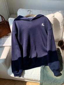 Sudadera  SudaderaschristmasAttitoon Casual Minimalist Navy Blue Hooded Long Sleeve Loose Fit Thick Sweatshirt For Women, Suitable For Autumn/Winter,FallLoose And Comfortablewinter Clothes For Women>Sweatshirtswinter Clothes For Women>Sweatshirts - Navy Blue - 查看 3