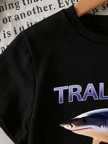 Young Boy Casual Cartoon Print Short Sleeve T-Shirt, Summer - Black - View 3