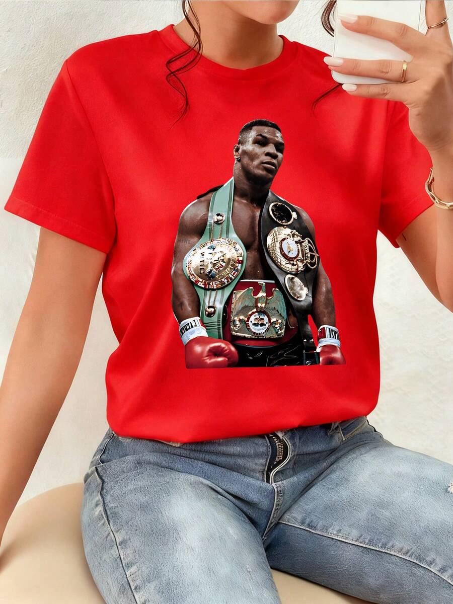 The Print Shows A Boxer With Red Gloves Holding Several Gold Belts As A Symbol Of Strength, Overcoming Adversity, And Sporting Glory, Conveying Energy And Positive Motivation. Women's T-Shirt, 100% Cotton - 紅色 - 查看 1