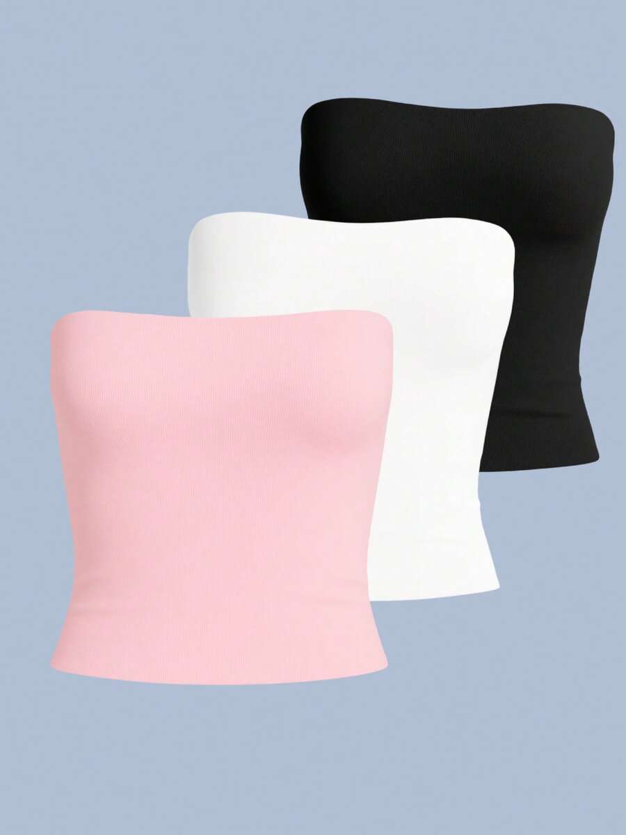 Kit Of 3 Strapless Cropped Tube Tops, Basic Lined Blouses For Women, Premium Blogger Style. - Kit3 Tube Preta Branca Rosa Bb - View 1