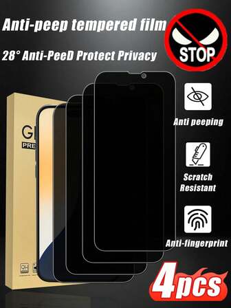 4pcs Anti-Spy Tempered Glass Screen Protector, Compatible With IPhone 17 Pro Max/17 Pro/17 Air/17/16e/16 Pro Max/16 Pro/16 Plus/16/15 Pro Max/15 Pro/15 Plus/15/14/13/12 Etc. Made With Advanced Adhesive Material For Easy And Quick Installation. Protects Privacy, Prevents Fingerprints, Water Stains, And Scratches.