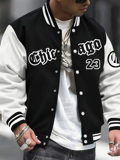 Men's Casual Fashion Chicago 23 Letter Print Baseball Jacket, Versatile