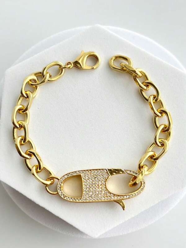1pc 2026 New Gold Chunky Chain Rhinestone Pig Nose & Lobster Clasp Bracelet, Fashionable & Versatile For Women, Suitable For Daily, Commute, Party Wear