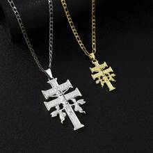 1件14K镀金天主教卡拉瓦卡十字架吊坠，配天使项链，男女通用，3毫米不锈钢费加罗链项链 - 叉 - 查看 2