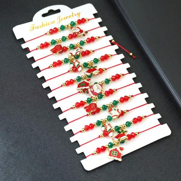 12Pcs/Set Christmas Hand Woven Bracelet Santa Claus Bead Bracelets Men Women'S Holiday Bracelet For Stocking Stuffers