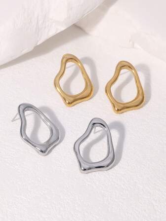 1对时尚简约百搭高品质不对称几何不锈钢耳钉，适合女性日常、派对和约会佩戴