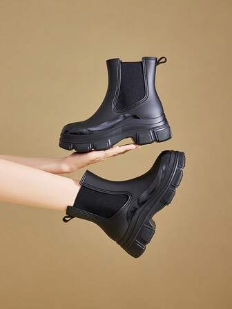 新款厚底弹力踝靴中筒女式防水防滑切尔西雨靴，适合户外穿着