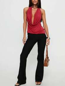 Women's Halter Vest Tops Deep V Cowl Neck Backless Rivet Going Out Tank Tops Cowl Neck Tank Tops Summer Backless Cute Ruched Casual Shirts - Red - View 10
