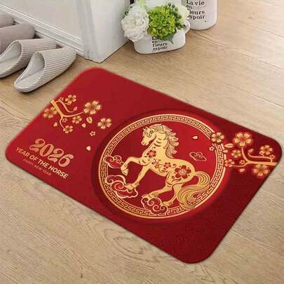 1 Alfombra de piso - Año Nuevo Chino 2026 Año del Caballo, Diseño tradicional chino con patrón de caballo floral rojo y dorado, Símbolo de prosperidad y buena fortuna, Alfombra decorativa de entrada para el hogar/entrada, Atmósfera de celebración - Franela, Suave, cómoda y fácil de limpiar, Adecuada para pasillo, baño, dormitorio, cocina, porche, lavandería, decoración al aire libre RV, decoración navideña, Tres tamaños disponibles, Decoración de otoño e invierno para el hogar