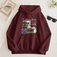 Printed  Hoodie | "So Many Books, So Little Time" Vintage - Burgundy - View 2