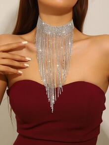 1 pièce Collier à franges avec strass argentés, convient pour les vacances, les fêtes et les occasions formelles - Argent - Voir 4
