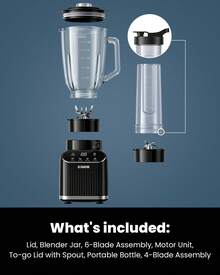 Professional Blender For Smoothies, 1200 Peak Watts Countertop Juicer, 5 Functions, 52 Oz Glass Jar & 24 Oz To-Go Cup Combo, Blenders For Smoothies, Ice And Frozen Fruit, Self-Cleaning, Black. - 美規A型插(110-127V) - 查看 6