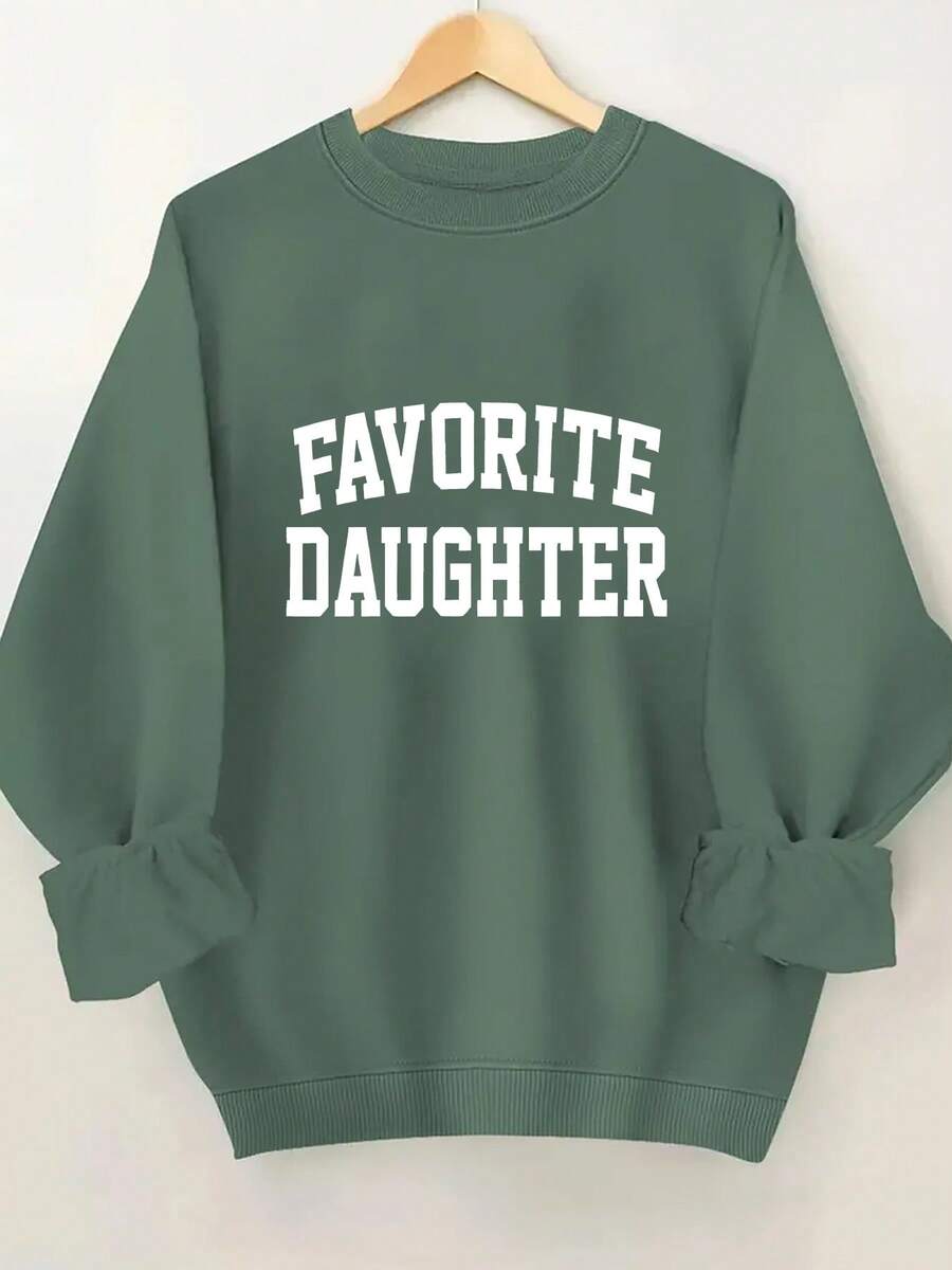 Women'S Pink "Favorite Daughter" Graphic Sweatshirt - Cozy Crew Neck, Long Sleeves With Ruffled Cuffs, Casual Fall/Winter Pullover, Casual Wear | Ruffled Cuff Design | Comfortable Fit - 軍綠色 - 查看 1
