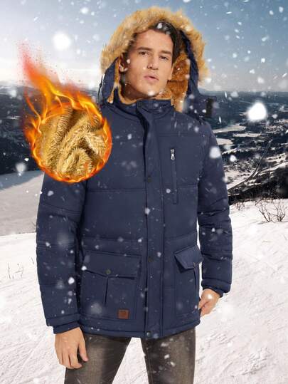 Men's Water Resistant Fleece Lined Jacket Puffer Hooded Jacket Warm Winter Thickened Fur Windproof Ski Parka Coat With 5 Pockets