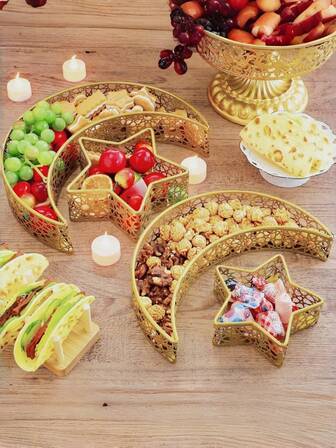 2件套开斋节托盘装饰，开斋节快乐，新月形盘子，星形伊斯兰斋月食品盘，铁托盘，开斋节伊斯兰派对甜点蛋糕展示架装饰（复古）