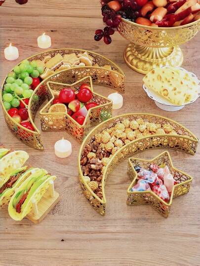 2 buc Decor Tavă Eid, Eid Mubarak, Farfurie Semilună, Farfurie Islamică Ramadan cu Stea, Tavă de Fier, Decor Suport pentru Tort Desert Petrecere Islamică Eid (Vintage)