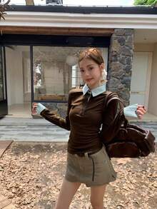 女士修身长袖 Polo 领 T 恤，独特时尚，可叠穿。 - 咖啡棕 - 查看 2