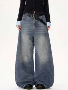 1件 Hearty Haven 宽松休闲时尚百搭街头风阔腿直筒牛仔裤 - 淺色水洗藍 - 查看 3