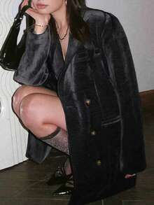 Blazer de veludo retrô oversized de botões duplos em tecido de malha sólida, adequado para uso diário e viagens, outono/inverno primavera, na cor preta - Preto - Visão 5