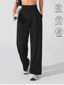 高腰修身瑜伽裤，带口袋，休闲直筒运动舞蹈裤，女士黑色春季款 - 黑色 - 查看 7