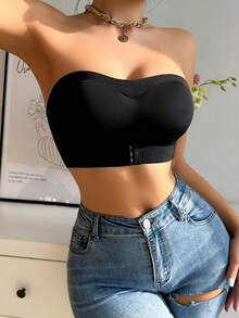 2pcs Front Clasp One-Shoulder Bandeau Bra, Upgraded Non-Slip Silicone Lining, Comfortable Wireless Thin Cup Lift & Enhance Bra For Women - Black - View 6