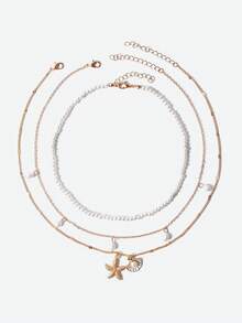 Opalesca 3pcs/Set Faux Pearl Tassel, Starfish & Shell Decor Beaded Necklace Set, Multi-Layer Choker Necklaces, Suitable For Casual Wear & Summer Beach - Imitation Pearl + Starfish - View 2