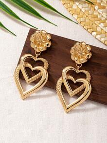 1对时尚波西米亚风花朵爱心耳环 - 金色 - 查看 1