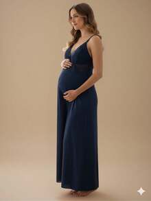 Luxury Long Nursing Nightgown With Microfiber Lace Detail And Long Snap Closure. - 藏蓝色 - 查看 3