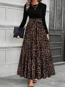 Christmas Women's Elegant A-Leopard Print Dress With Puff Sleeves & Bow Detail - Round Neck, Machine Washable, Spring Summer Casual To Semi-Formal Wear, Seasonal Fashion, Feminine Style, Lightweight Fabric, Stylish Women - Brown - View 1