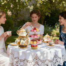 20-Piece Porcelain Tea Set, European-Style Floral Gold-Trimmed Cups & Saucers With Metal Holder, Elegant Ceramic Gift Set For Afternoon Tea & Parties - Blue Pink - View 7