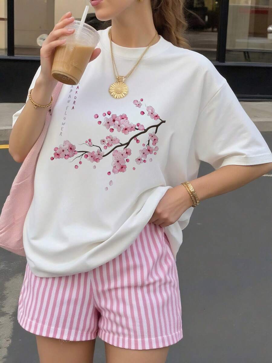 Vintage Sakura Japanese Cherry Blossom Flower Graphical Art T-Shirt - 白色 - 查看 1