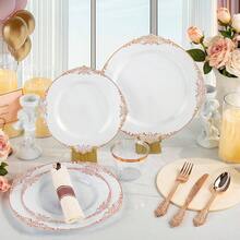 175PCS Gold Plastic Plates 25 Guests, Disposable Dinnerware Sets Include Gold Rim Plastic Plates, 25 Silverwares, 25 Cups, And 25 Pre Rolled Napkins Party, Wedding, Graduation - Rose Gold + 25 Guests Set - View 4