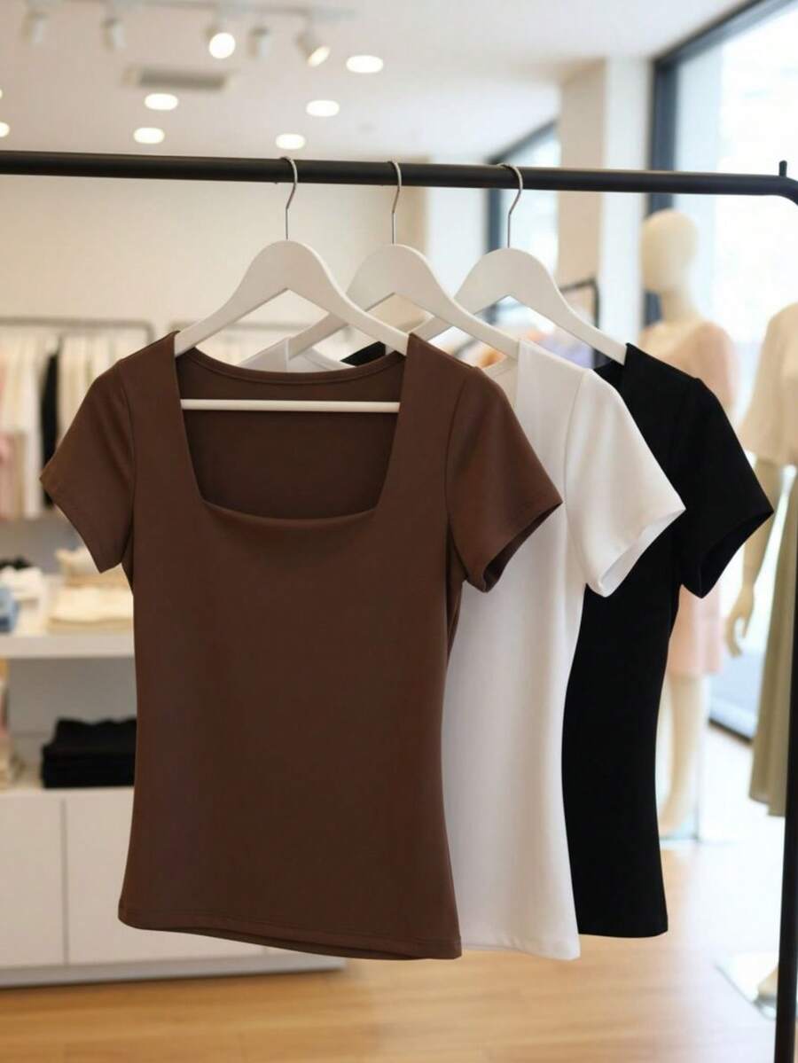 Women's Basic Short-Sleeve Baby Look T-Shirt, Versatile, No See-Through, Stretchy Fabric, Shaping, Casual Fashion, Blogger Style, Affordable - 白咖啡 黑咖啡 - 查看 1
